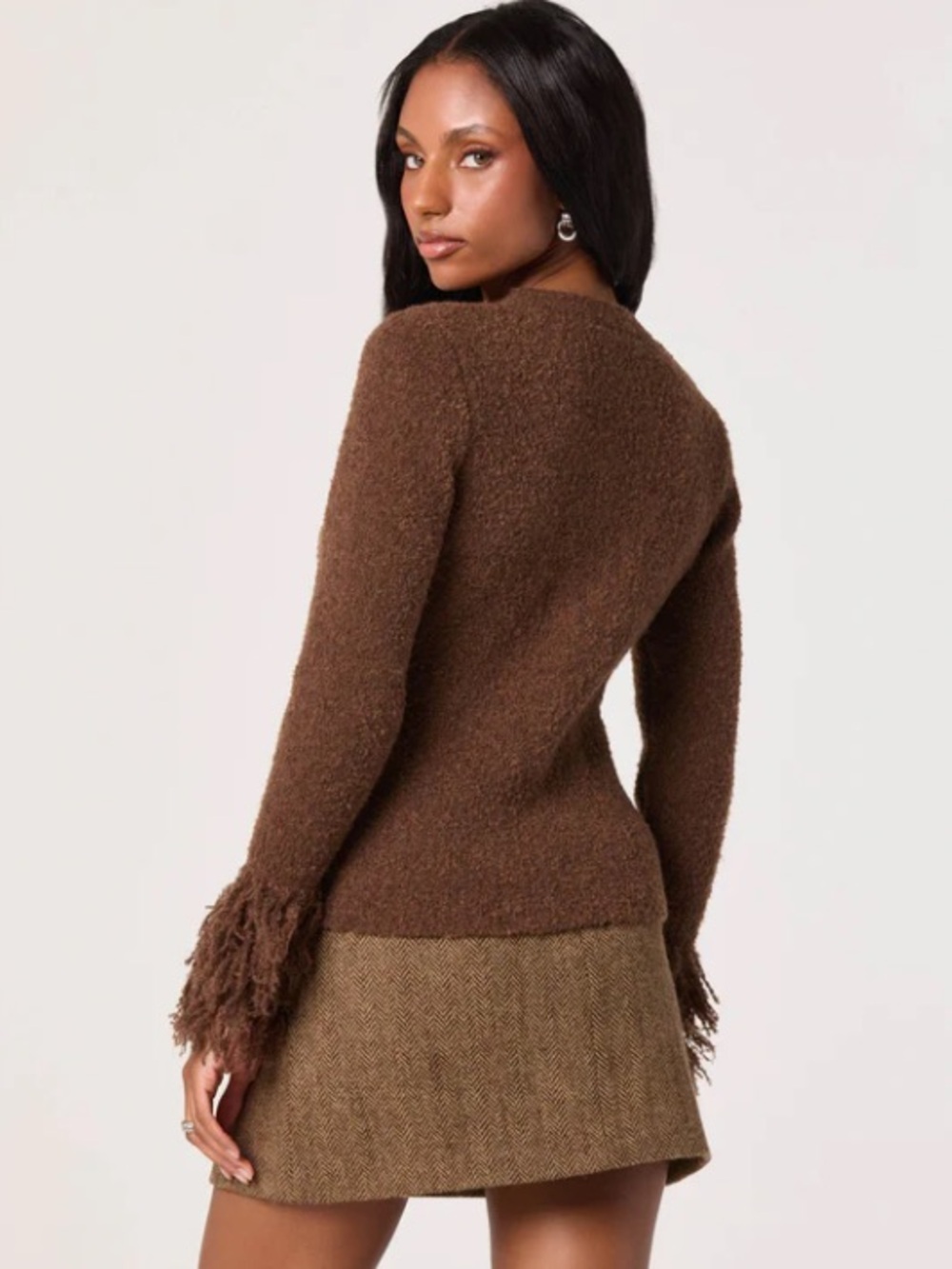 ASTR Brown Fringe-Cuff Button Cardigan Size L - Picture 3 of 16